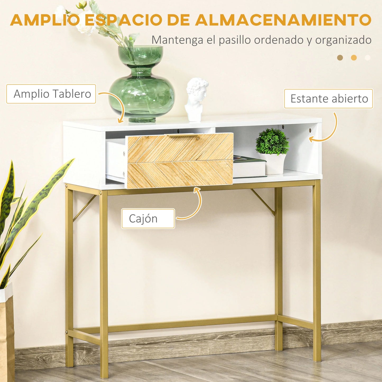 HOMCOM Flur Konsole Tisch Moderner Stil mit Schublade und Offenem Regal 80x30x80 cm Weiß und Gold