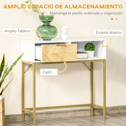 HOMCOM Flur Konsole Tisch Moderner Stil mit Schublade und Offenem Regal 80x30x80 cm Weiß und Gold