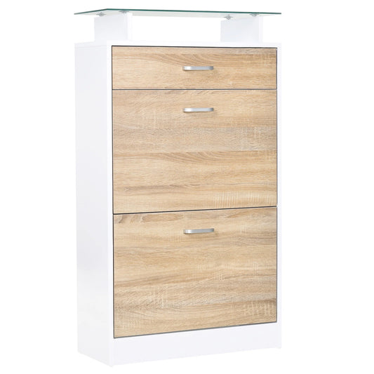 HOMCOM Schuhschrank mit 3 Schubladen, Glasregal und Aluminiumgriff für Flur, 50 kg Belastbarkeit, 60x24x105,5 cm - Natur