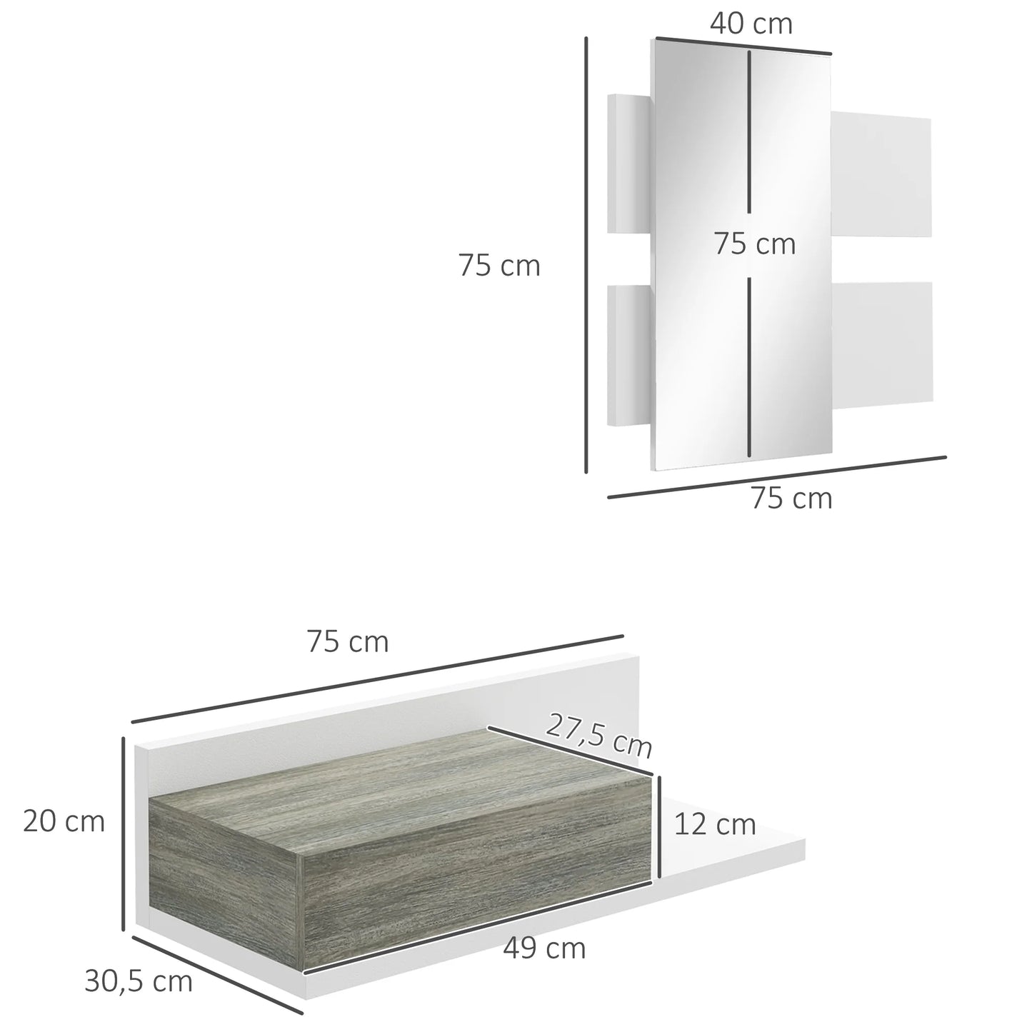 HOMCOM Flureinrichtungsset mit Spiegel und Schublade, Wandmontage, Moderner Stil 75x3,5x75 cm und 75x30,5x20 cm Grau und Weiß