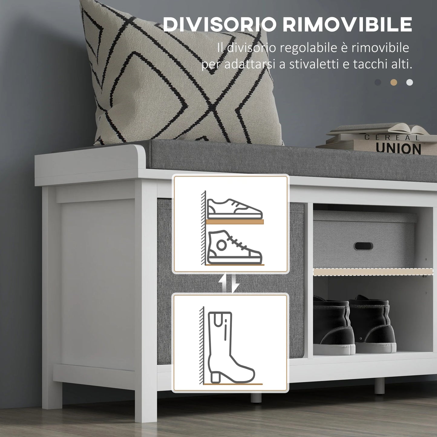 HOMCOM Schuhe-Bank mit verstellbarem 3-stufigem Regal, 2 abnehmbaren Schubladen und Polster, Möbel aus Spanplatte, 105x35x47 cm, Weiß und Grau