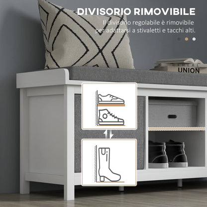 HOMCOM Schuhe-Bank mit verstellbarem 3-stufigem Regal, 2 abnehmbaren Schubladen und Polster, Möbel aus Spanplatte, 105x35x47 cm, Weiß und Grau