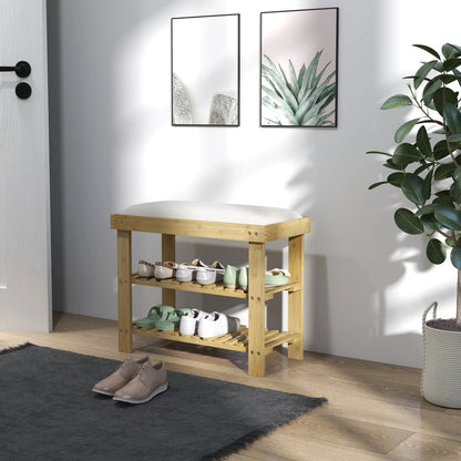 HOMCOM Schuhbank mit Sitzfläche, Bambus Sitzbank mit Stauraum, Schuhregal mit 2 offene Fächer, Sitzbank, Bank, Garderobenbank für Wohnzimmer, Flur, 60 x 29 x 49 cm Cremeweiß