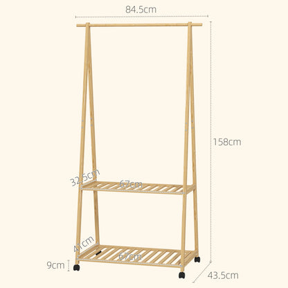 HOMCOM Bambus Kleiderständer mit Rollen, 2 offenen Regalen und 2 Haken, Kleiderständer für Eingangsbereich, Flur, Schlafzimmer 84,5x43,5x158 cm Natur