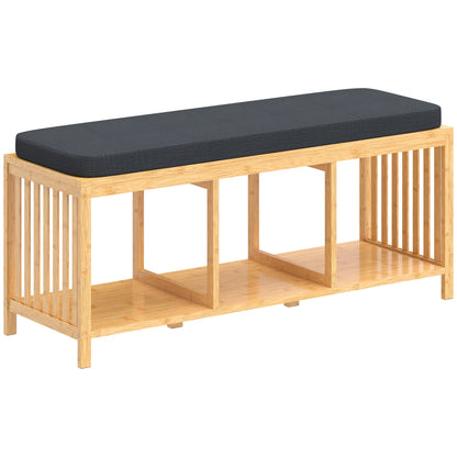 HOMCOM Bambus-Schuhbank mit gepolstertem Sitz und offener Ablage für Flur & Eingangsbereich, 102 x 33 x 45 cm, Naturholz