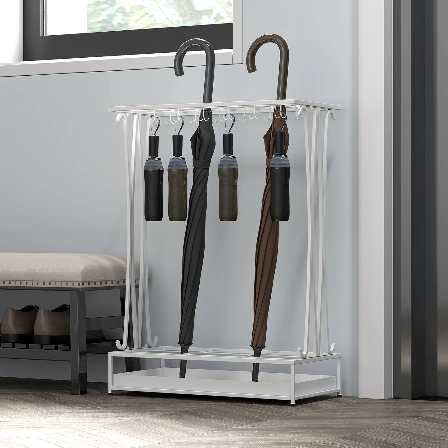 HOMCOM Moderner Rechteckiger Regenschirmständer aus Stahl mit 24 Haken, 21 Fächern und Abnehmbarem Tropfteller für Eingangsbereich und Büro 50x24x68 cm Weiß