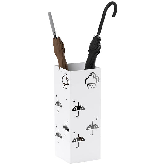 HOMCOM Regenschirmständer aus Stahl mit 4 Haken und abnehmbarem Tropfbehälter – Weißer Regenschirmhalter für Flur und Büro 15,5x15,5x41 cm