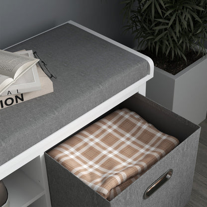 HOMCOM Schuhe-Bank mit verstellbarem 3-stufigem Regal, 2 abnehmbaren Schubladen und Polster, Möbel aus Spanplatte, 105x35x47 cm, Weiß und Grau