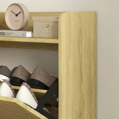 HOMCOM Schuhschrank für den Eingangsbereich im Bohemian-Stil – Schuhschrank für 18 Paar Schuhe mit 2 Klappschubladen und 1 offenen Regal – Schmaler Schuhschrank für Flur 80x24,5x110 cm Eiche