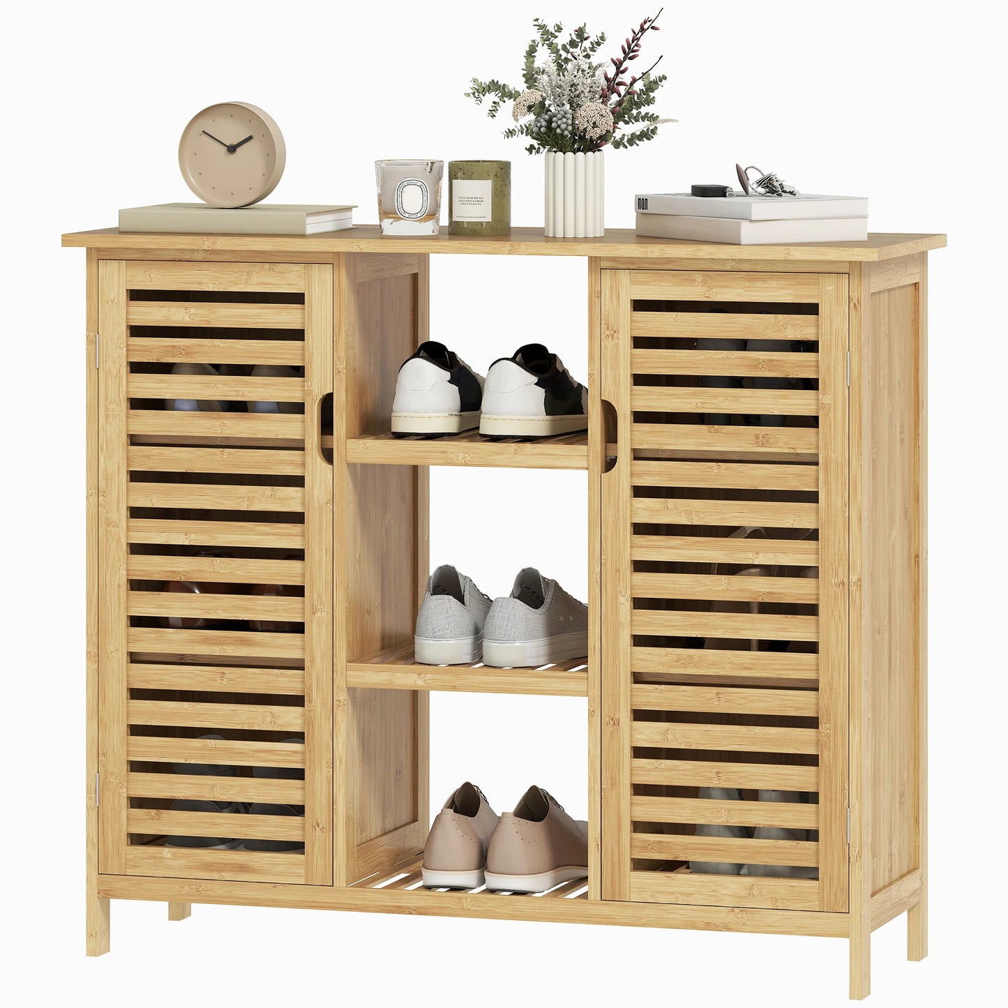 HOMCOM Bambus Schuhschrank mit 2 Lamellentüren – Schuhregal für den Eingangsbereich mit Regalen und offenen Fächern für 9 Paare Schuhe 100x33x86 cm Natur