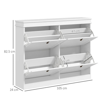 HOMCOM Weißer Schuhschrank Slim Schuhregal mit 4 Klapptüren und verstellbaren Regalen für 20 Paare Schuhe, Kippschutz für Eingangsbereich Flur 105x24x82,5 cm