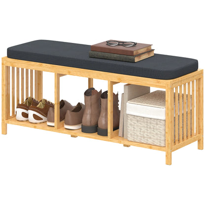 HOMCOM Bambus-Schuhbank mit gepolstertem Sitz und offener Ablage für Flur & Eingangsbereich, 102 x 33 x 45 cm, Naturholz