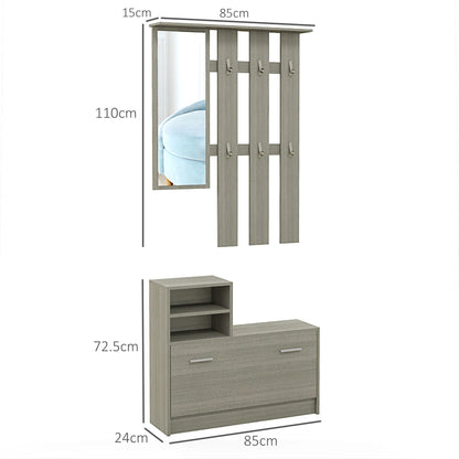 HOMCOM 4-in-1 Flurmöbel Set mit Garderobe, Spiegel, Sitzbank mit Regal und Schuhregal für 8 Paar Schuhe, Grau