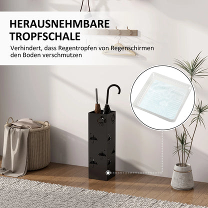 HOMCOM Regenschirmständer mit 4 Haken, abnehmbare Wasserauffangschale, dekorativer Regenschirmhalter für Sonnenschirme, Regentage & Gehstöcke, Stahl 15,5 x 15,5 x 49 cm Schwarz