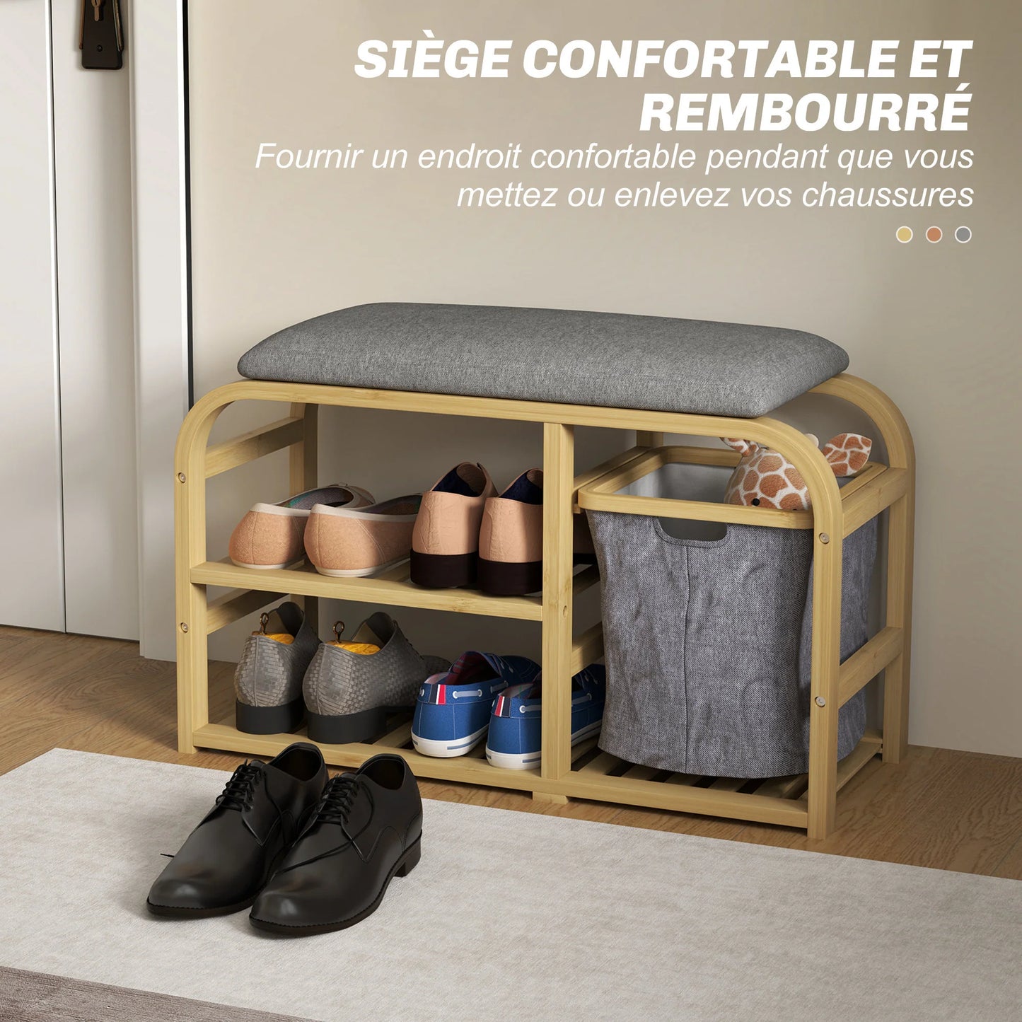 HOMCOM Schuhbank aus Bambus mit gepolsterter Sitzfläche, 2 Lattenregalen und schiebendem Stoffkorb, Flurbank für Flur, Schlafzimmer, 70x30x45cm, Naturholz