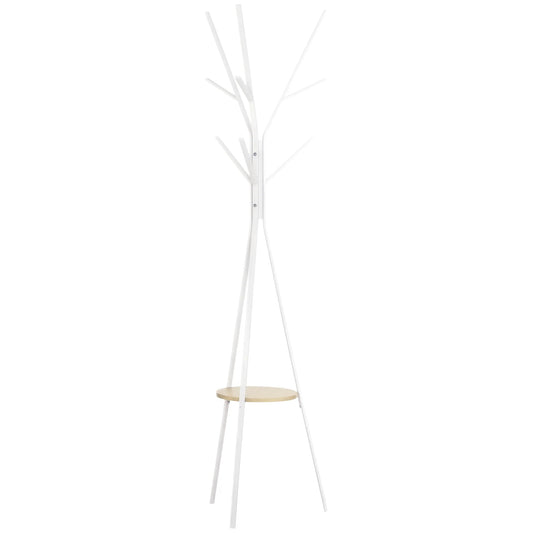 HOMCOM Garderobe, Hutständer mit 8 Haken, Kleiderständer mit Ablage, Stehkleiderschrank für Kleidung, Hüte, Taschen, Metall, Weiß, 45 x 45 x 180 cm