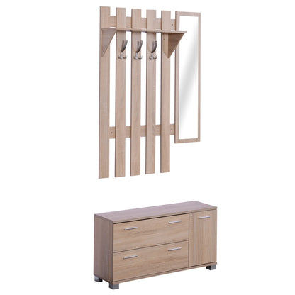 HOMCOM Flurset mit Spiegel, Garderobe und Schuhschrank – Eingangsmöbel mit 3 Haken, Ablage und 2 Schubladen für Flur Eiche