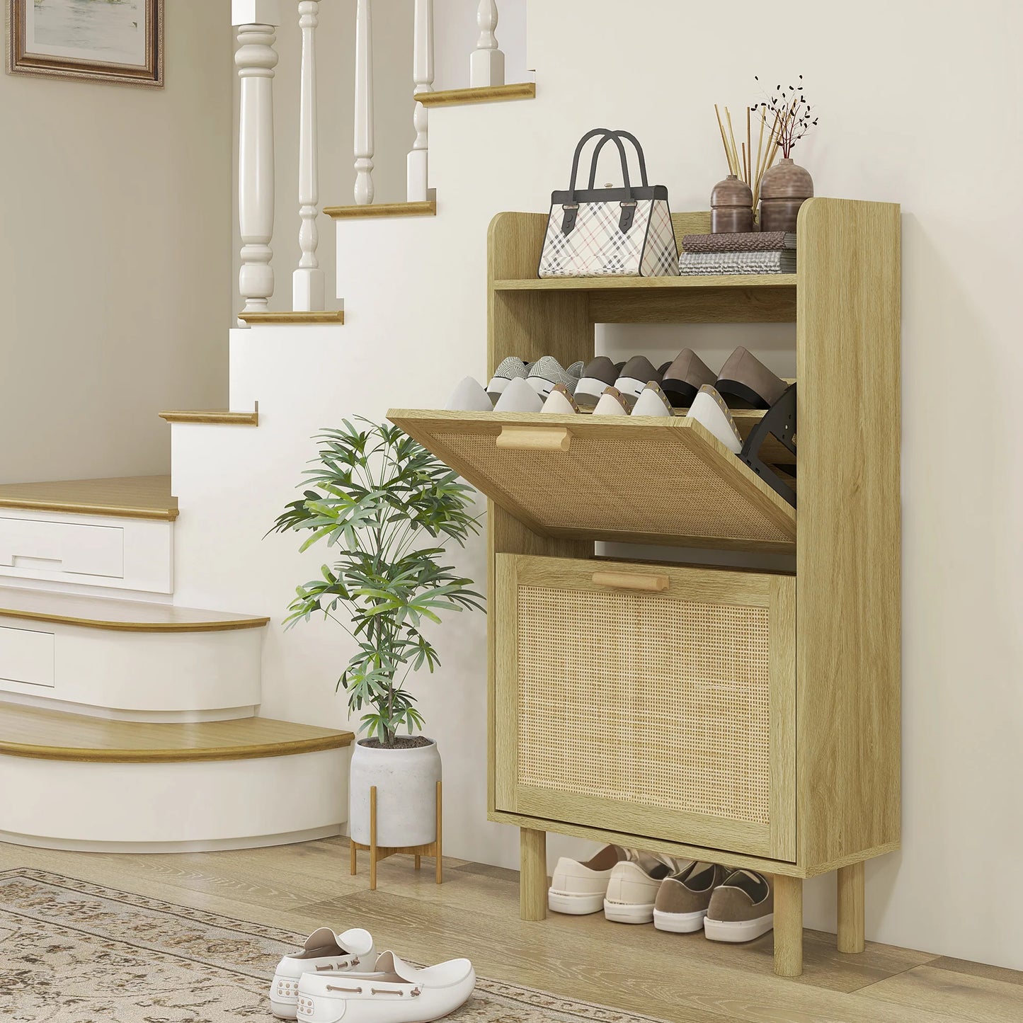 HOMCOM Schuhschrank für den Eingangsbereich im Bohemian-Stil – Schuhschrank für 18 Paar Schuhe mit 2 Klappschubladen und 1 offenen Regal – Schmaler Schuhschrank für Flur 80x24,5x110 cm Eiche