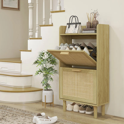 HOMCOM Schuhschrank für den Eingangsbereich im Bohemian-Stil – Schuhschrank für 18 Paar Schuhe mit 2 Klappschubladen und 1 offenen Regal – Schmaler Schuhschrank für Flur 80x24,5x110 cm Eiche