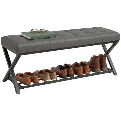 HOMCOM Gepolsterte Schuhbank mit Stauraum — Industrial X‑Frame Stahl, PU‑Kunstleder, 220 kg Tragfähigkeit, 112×37×47 cm, Dunkelgrau