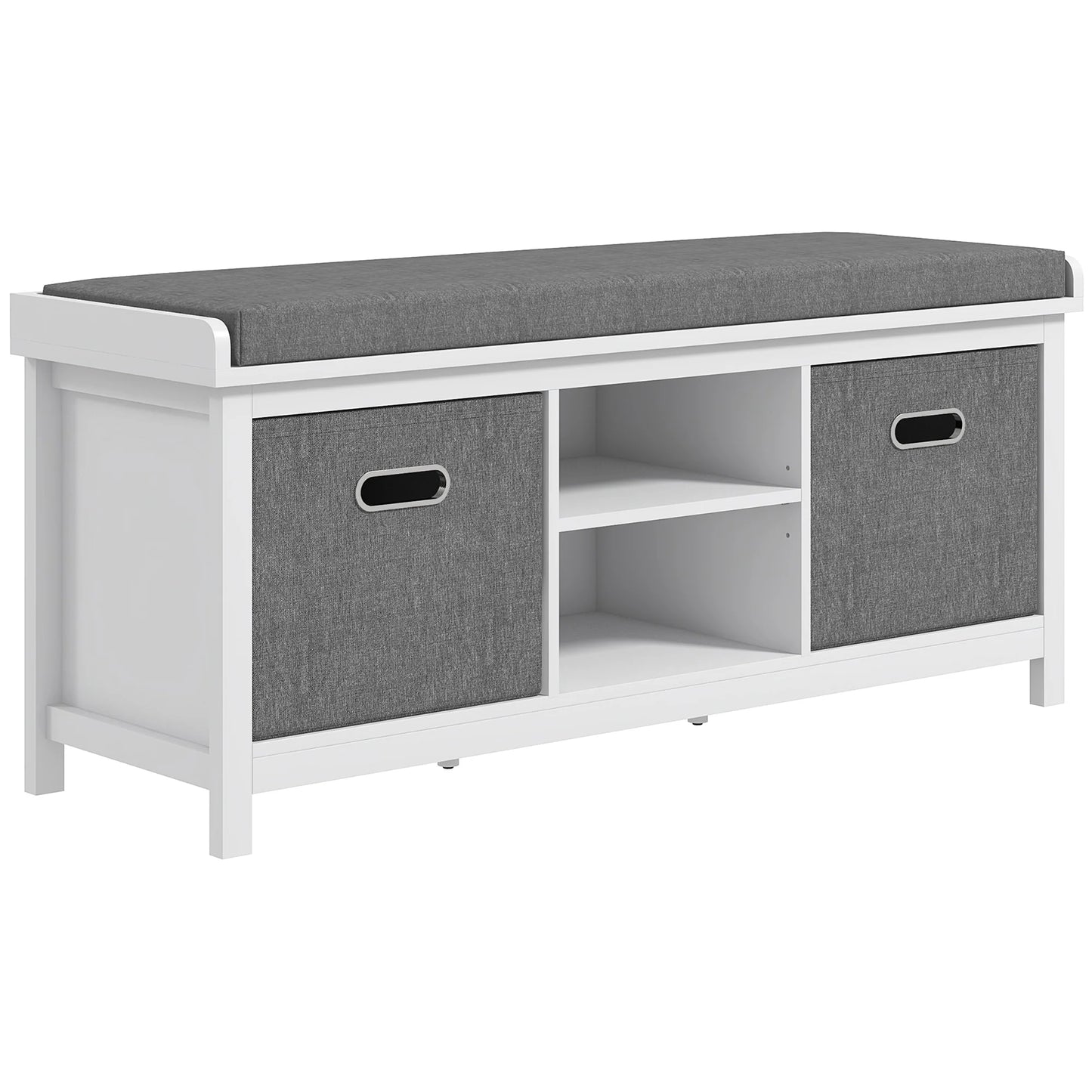 HOMCOM Schuhe-Bank mit verstellbarem 3-stufigem Regal, 2 abnehmbaren Schubladen und Polster, Möbel aus Spanplatte, 105x35x47 cm, Weiß und Grau