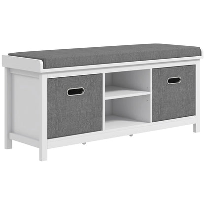 HOMCOM Schuhe-Bank mit verstellbarem 3-stufigem Regal, 2 abnehmbaren Schubladen und Polster, Möbel aus Spanplatte, 105x35x47 cm, Weiß und Grau