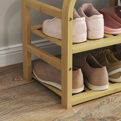 HOMCOM Schuhbank aus Bambus mit gepolsterter Sitzfläche, 2 Lattenregalen und schiebendem Stoffkorb, Flurbank für Flur, Schlafzimmer, 70x30x45cm, Naturholz