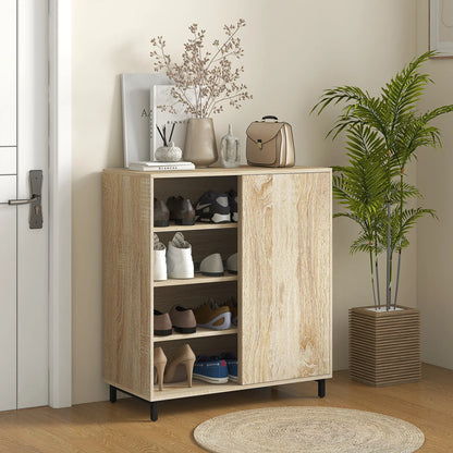 HOMCOM 4-stöckiger Schuhregal für den Eingangsbereich, Spanplatte und Stahl, Schuhaufbewahrung mit Schiebetür, Schuhlift mit Regalen für bis zu 12 Paar Schuhe, 80x40x93 cm, Holzfarbe