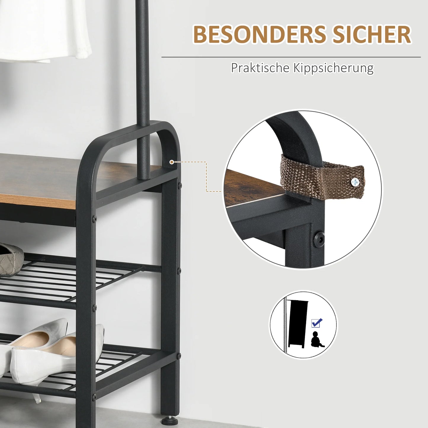 HOMCOM Kleiderständer Schuhregal mit 8 Haken und 2 Ablagen MDF Schwarz 72,8 x 34 x 182 cm