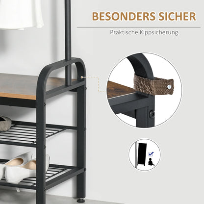 HOMCOM Kleiderständer Schuhregal mit 8 Haken und 2 Ablagen MDF Schwarz 72,8 x 34 x 182 cm