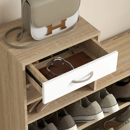 HOMCOM Flur Organizer mit Spiegel, Garderobe und Schuhschrank - 2-teiliges Möbelset für den Eingangsbereich mit 6 Haken, Regalen und Klappen-Schublade für einen natürlichen Flur