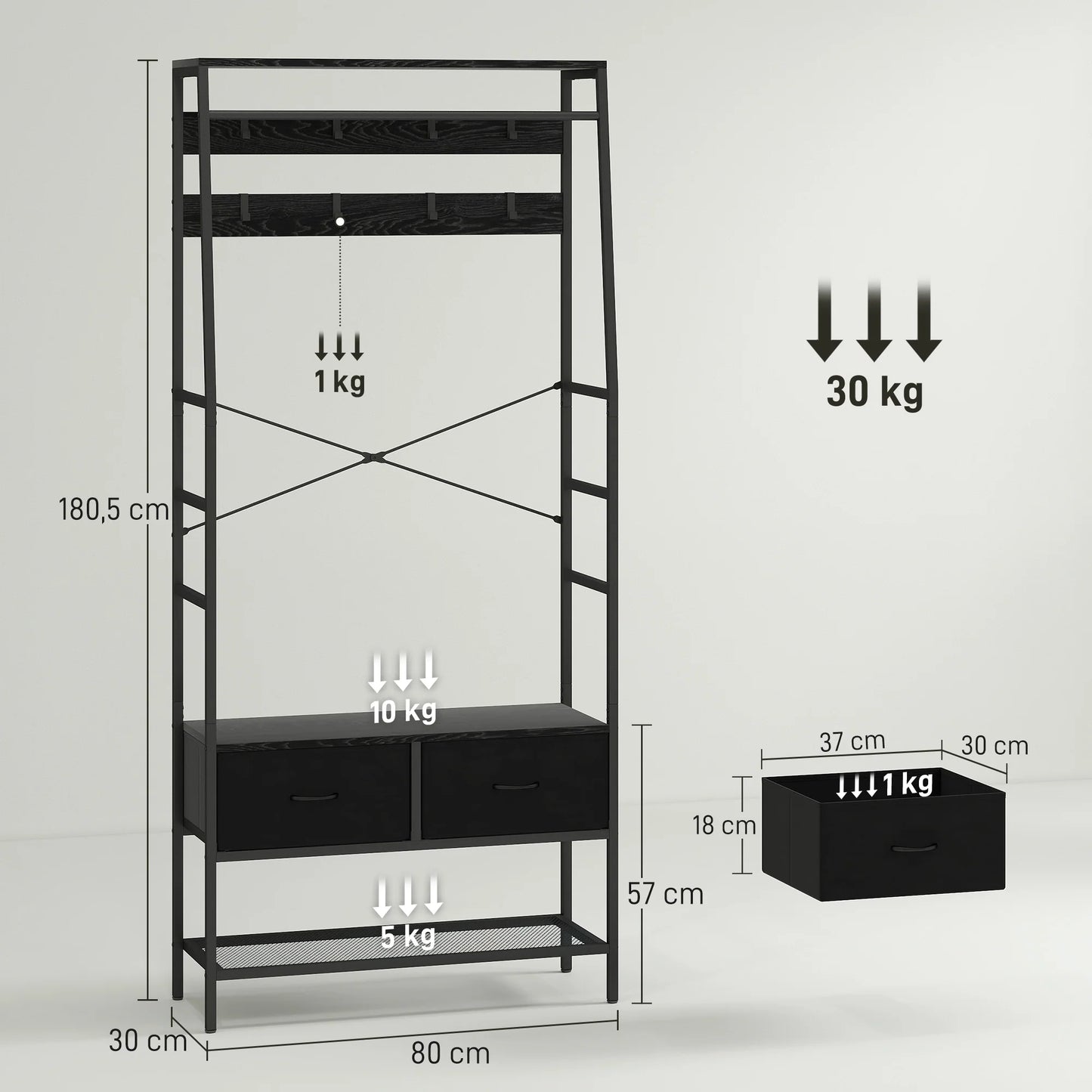 HOMCOM Garderobenständer, Kleiderstange mit Schuhregal, 2 Stoffschubladen, Garderobe mit 8 Haken, Regal, Garderobenständer mit Kippschutz, für Eingangsbereich, Flur, Schlafzimmer, Schwarz