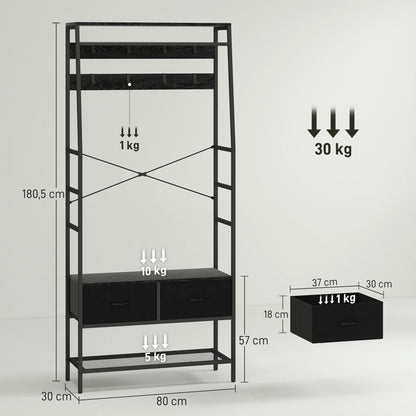 HOMCOM Garderobenständer, Kleiderstange mit Schuhregal, 2 Stoffschubladen, Garderobe mit 8 Haken, Regal, Garderobenständer mit Kippschutz, für Eingangsbereich, Flur, Schlafzimmer, Schwarz