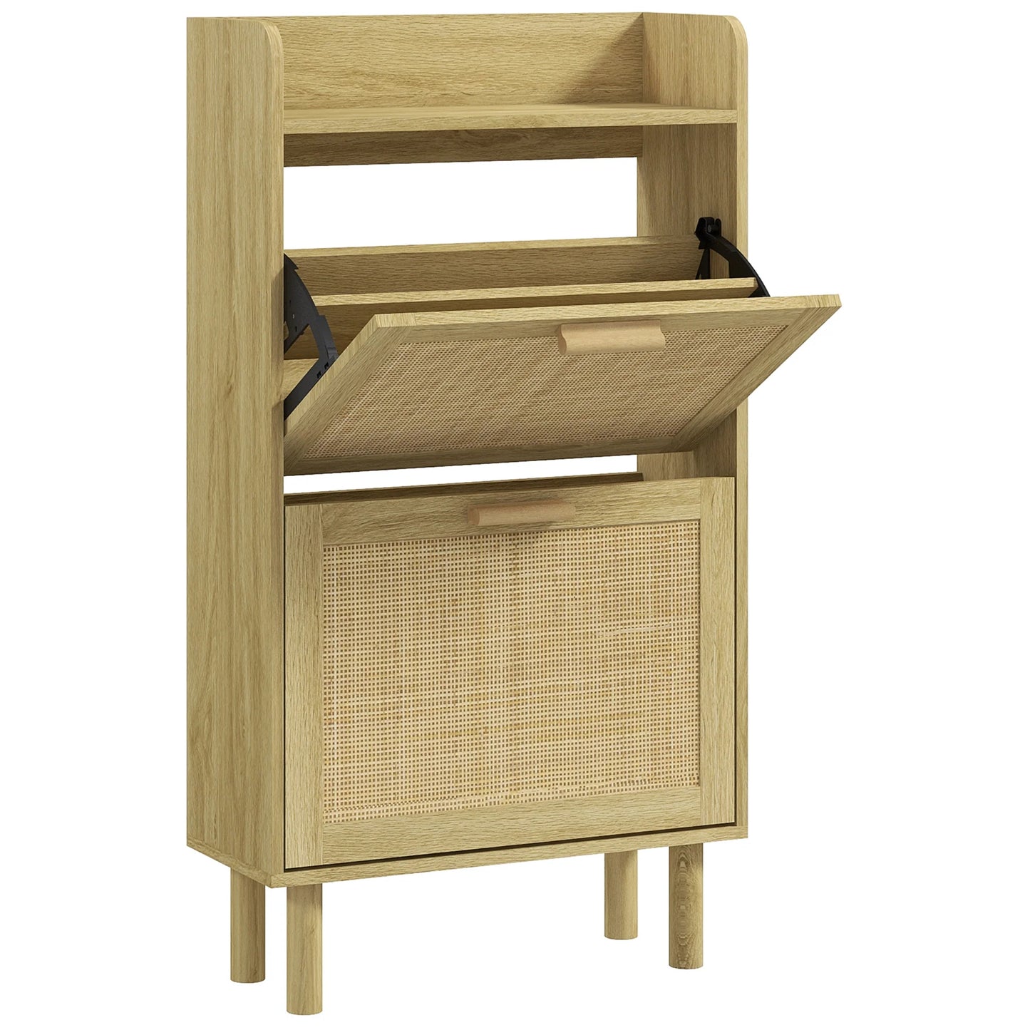 HOMCOM Schuhschrank für den Eingangsbereich im Bohemian-Stil – Schuhschrank für 18 Paar Schuhe mit 2 Klappschubladen und 1 offenen Regal – Schmaler Schuhschrank für Flur 80x24,5x110 cm Eiche