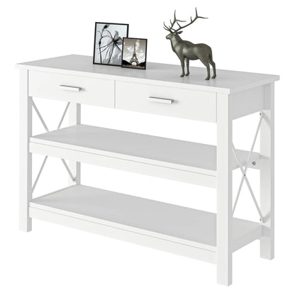 HOMCOM Konsolentisch Flurtisch mit 2 Schubladen und unteren Regalen Moderner Stil Metallrahmen 105x40x76 cm Weiß