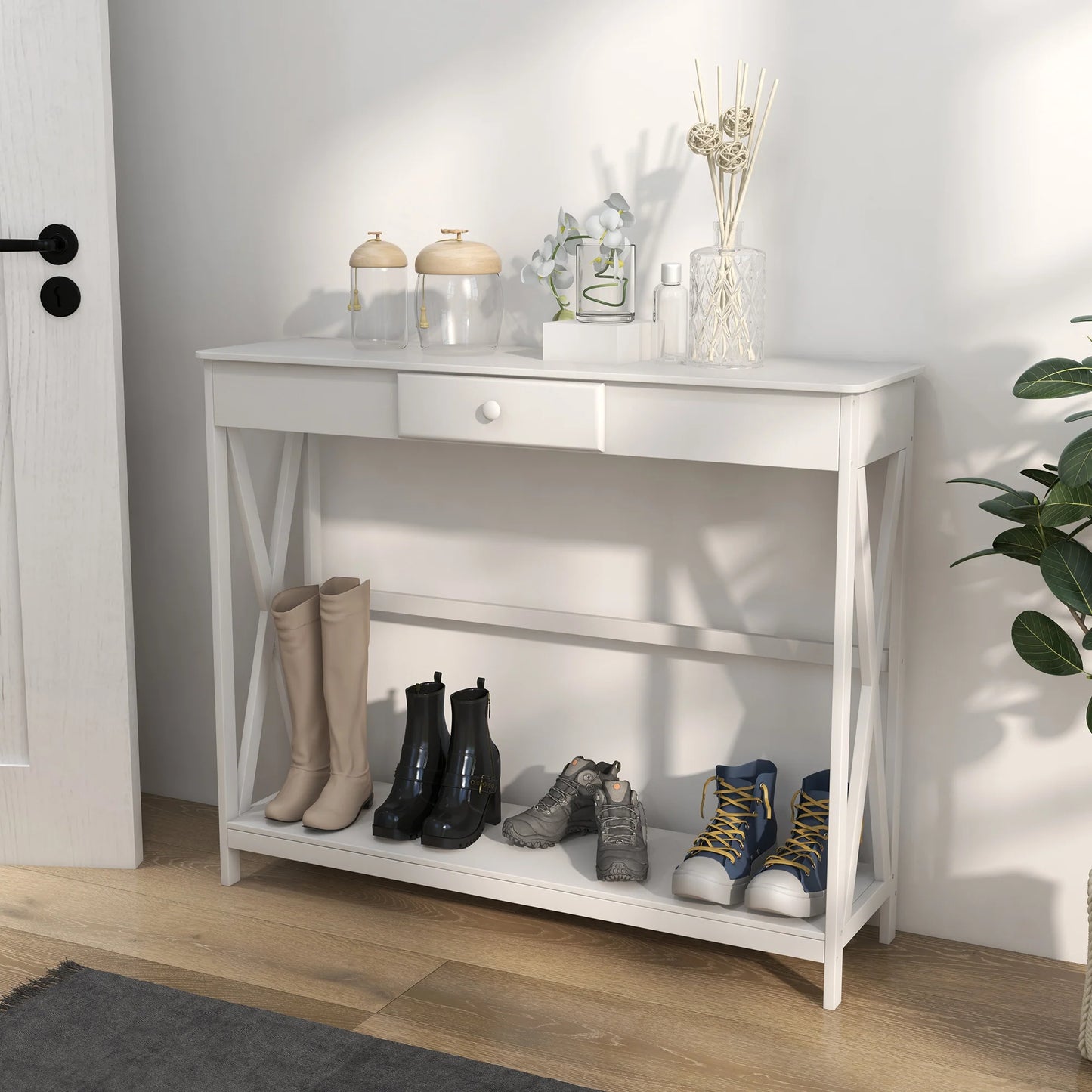 HOMCOM Konsolentisch aus Holz für den Eingangsbereich mit 1 Schublade und 1 Ablage für Flur und Wohnzimmer 100x30x81cm Weiß