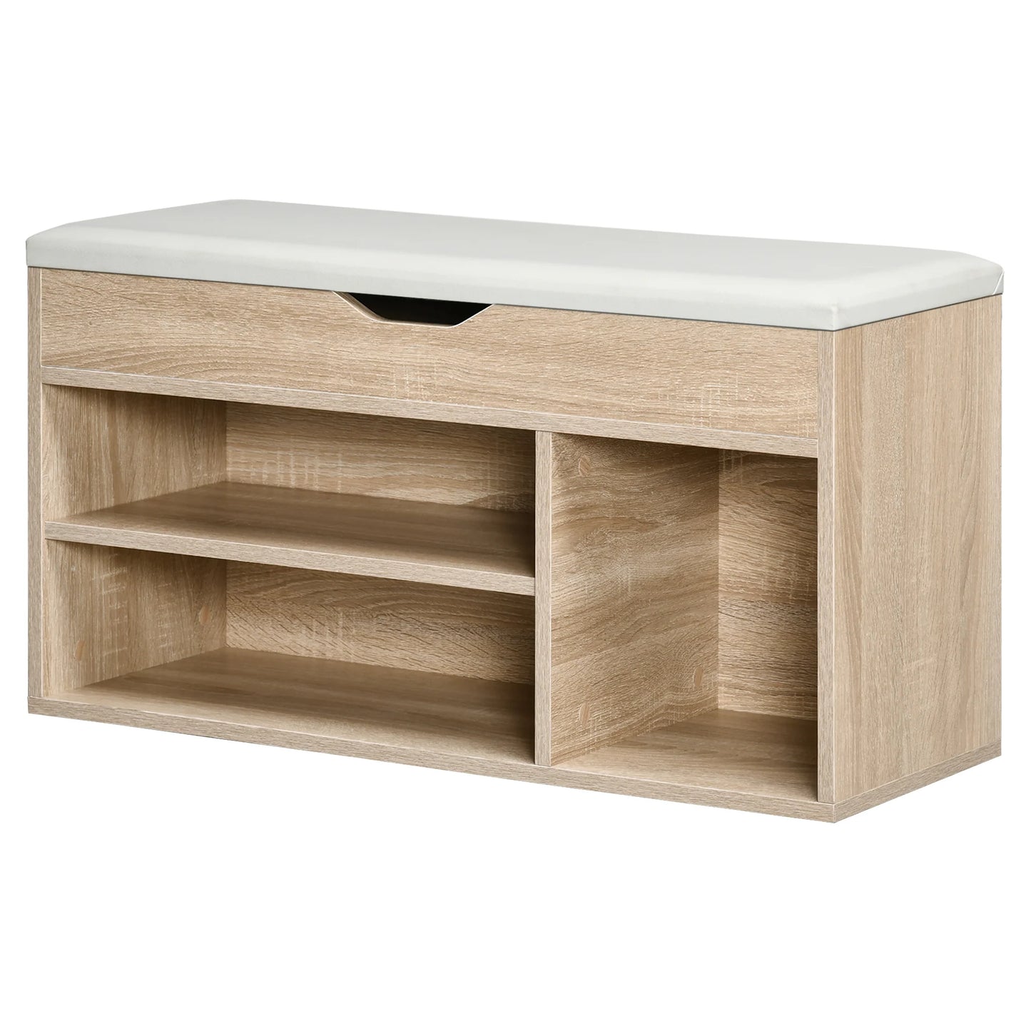 HOMCOM Platzsparender Polster-Schuhe-Schrank, Eingangs-Schränke mit Schuhaufbewahrung, 3 Fächer, PU-Leder Sitzfläche, für Wohnzimmer und Flur, 80x30x43 cm, Holzfarbe