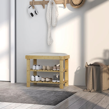 HOMCOM Schuhbank mit Sitzfläche, Bambus Sitzbank mit Stauraum, Schuhregal mit 2 offene Fächer, Sitzbank, Bank, Garderobenbank für Wohnzimmer, Flur, 60 x 29 x 49 cm Cremeweiß