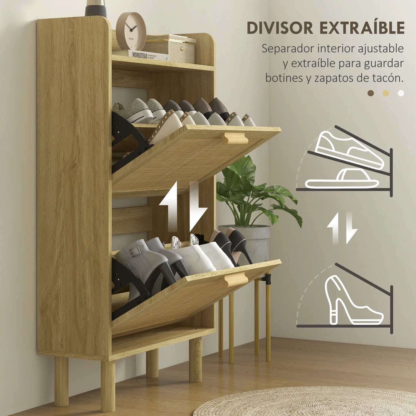 HOMCOM Schuhschrank für den Eingangsbereich im Bohemian-Stil – Schuhschrank für 18 Paar Schuhe mit 2 Klappschubladen und 1 offenen Regal – Schmaler Schuhschrank für Flur 80x24,5x110 cm Eiche