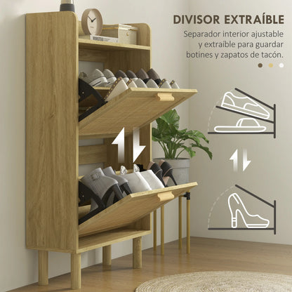 HOMCOM Schuhschrank für den Eingangsbereich im Bohemian-Stil – Schuhschrank für 18 Paar Schuhe mit 2 Klappschubladen und 1 offenen Regal – Schmaler Schuhschrank für Flur 80x24,5x110 cm Eiche