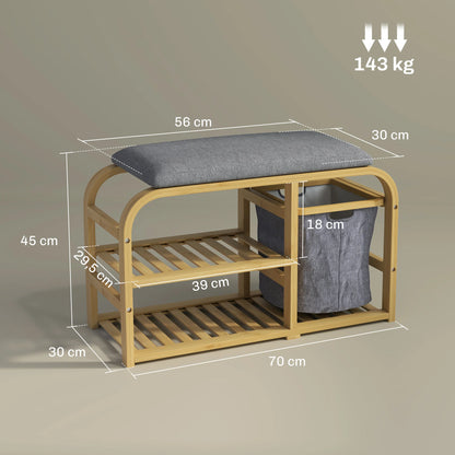 HOMCOM Schuhbank aus Bambus mit gepolsterter Sitzfläche, 2 Lattenregalen und schiebendem Stoffkorb, Flurbank für Flur, Schlafzimmer, 70x30x45cm, Naturholz