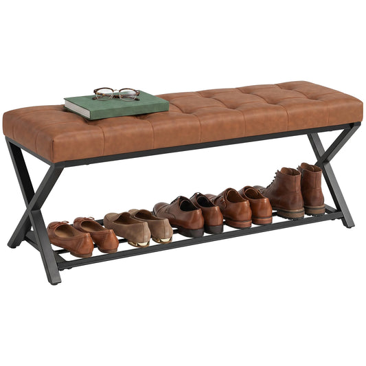 HOMCOM Schuhbank mit gepolstertem Sitz, Schuhregal, Industrial X-Rahmen aus Stahl, PU-Leder, belastbar bis 220 kg, 112 x 37 x 47 cm, Braun