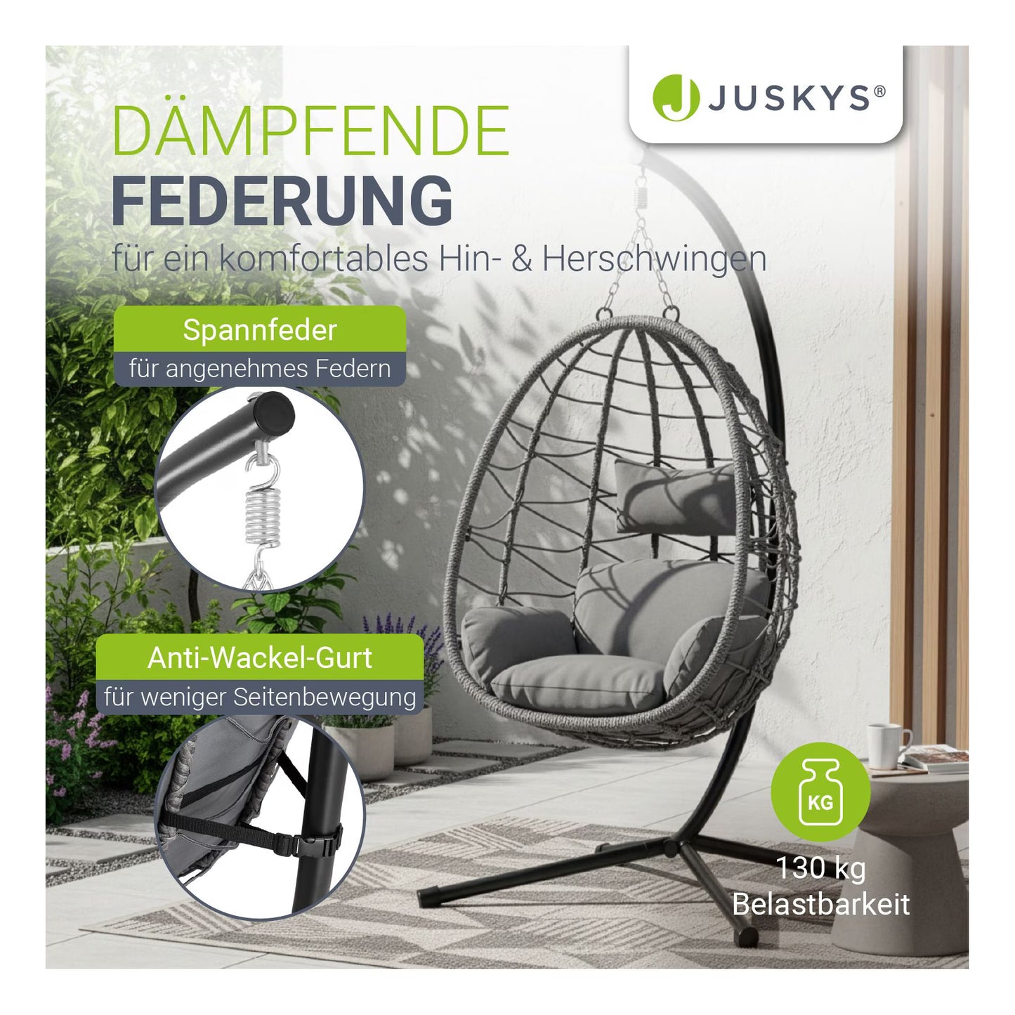Juskys Korb-Hängesessel Aria faltbar & höhenverstellbar mit Eisengestell bis 130 kg Dunkelgrau