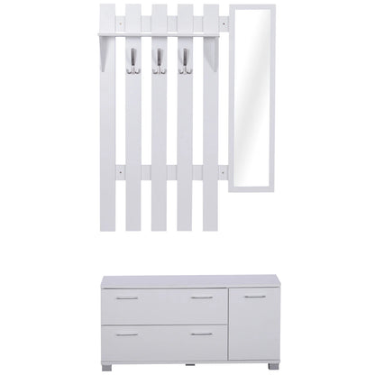 HOMCOM Eingangsset mit Spiegel, Garderobe und Schuhschrank – Eingangsbereich Möbel mit 3 Haken, Regal und 2 Schubladen für Diele in Weiß