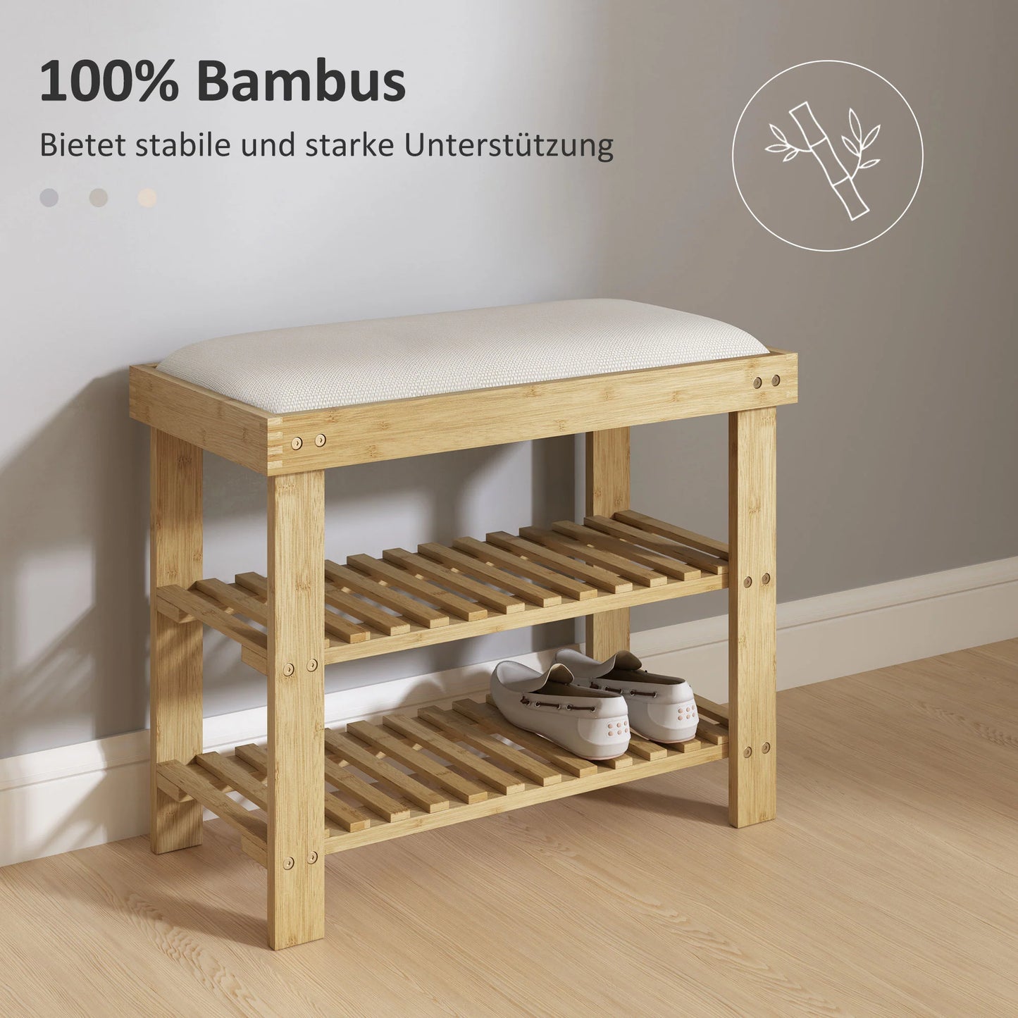 HOMCOM Schuhbank mit Sitzfläche, Bambus Sitzbank mit Stauraum, Schuhregal mit 2 offene Fächer, Sitzbank, Bank, Garderobenbank für Wohnzimmer, Flur, 60 x 29 x 49 cm Cremeweiß