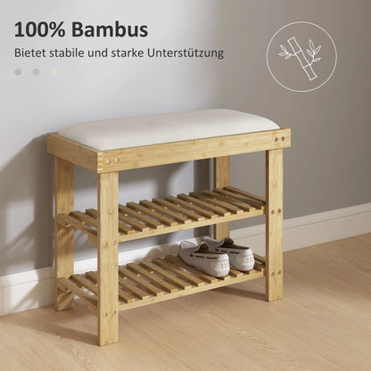 HOMCOM Schuhbank mit Sitzfläche, Bambus Sitzbank mit Stauraum, Schuhregal mit 2 offene Fächer, Sitzbank, Bank, Garderobenbank für Wohnzimmer, Flur, 60 x 29 x 49 cm Cremeweiß