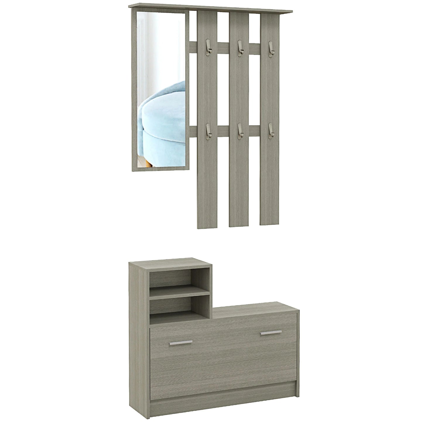 HOMCOM 4-in-1 Flurmöbel Set mit Garderobe, Spiegel, Sitzbank mit Regal und Schuhregal für 8 Paar Schuhe, Grau
