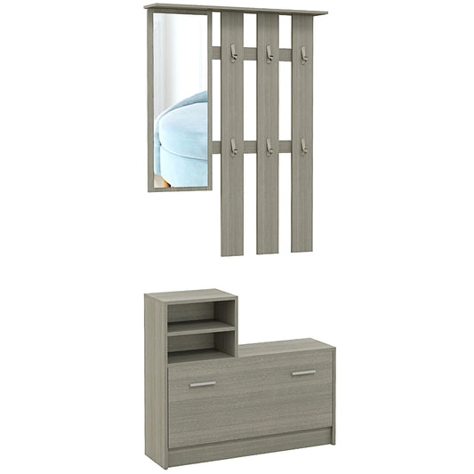 HOMCOM 4-in-1 Flurmöbel Set mit Garderobe, Spiegel, Sitzbank mit Regal und Schuhregal für 8 Paar Schuhe, Grau