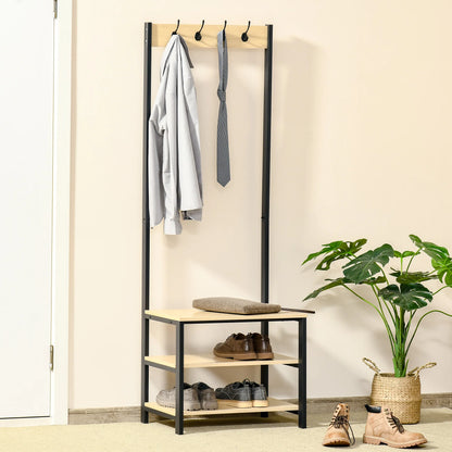 HOMCOM Garderobenständer mit Bank und Metall Schuhregal mit 3 Regalen und 4 Haken zum Aufhängen von Kleidung für Flur/Diele 60x40x175 cm Schwarz und Natur