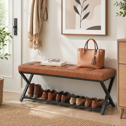 HOMCOM Schuhbank mit gepolstertem Sitz, Schuhregal, Industrial X-Rahmen aus Stahl, PU-Leder, belastbar bis 220 kg, 112 x 37 x 47 cm, Braun